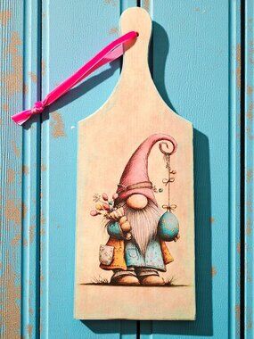 Wooden Easter Garden Gnome Cutting Board Sign, Spring Kitchen Decor